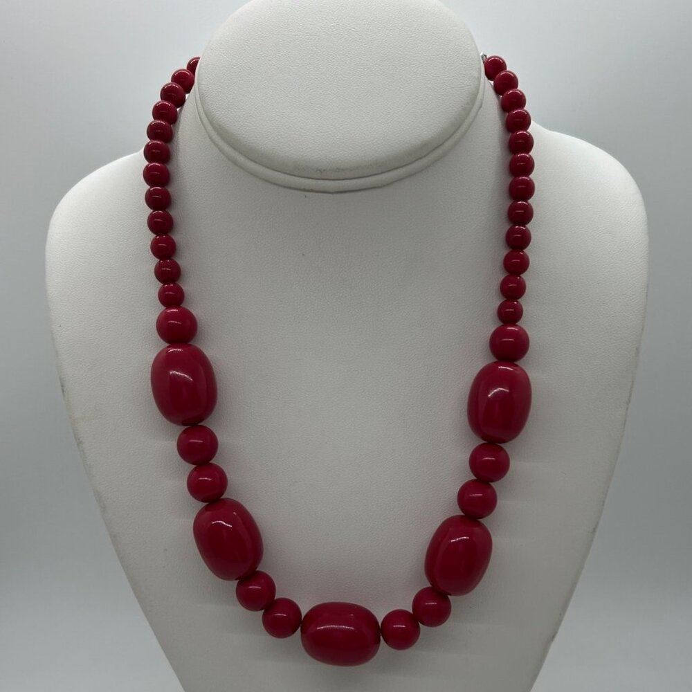 Pink Acrylic Beaded Necklace Oval Round Beads Glow Under UV Light 20" Statement - Picture 2 of 13